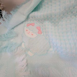 Vintage Baby Kisses Acrylic Made in Japan Baby Blanket Fringe Sheep Lamb Check
